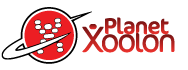 Planet Xoolon logo; man inside planet